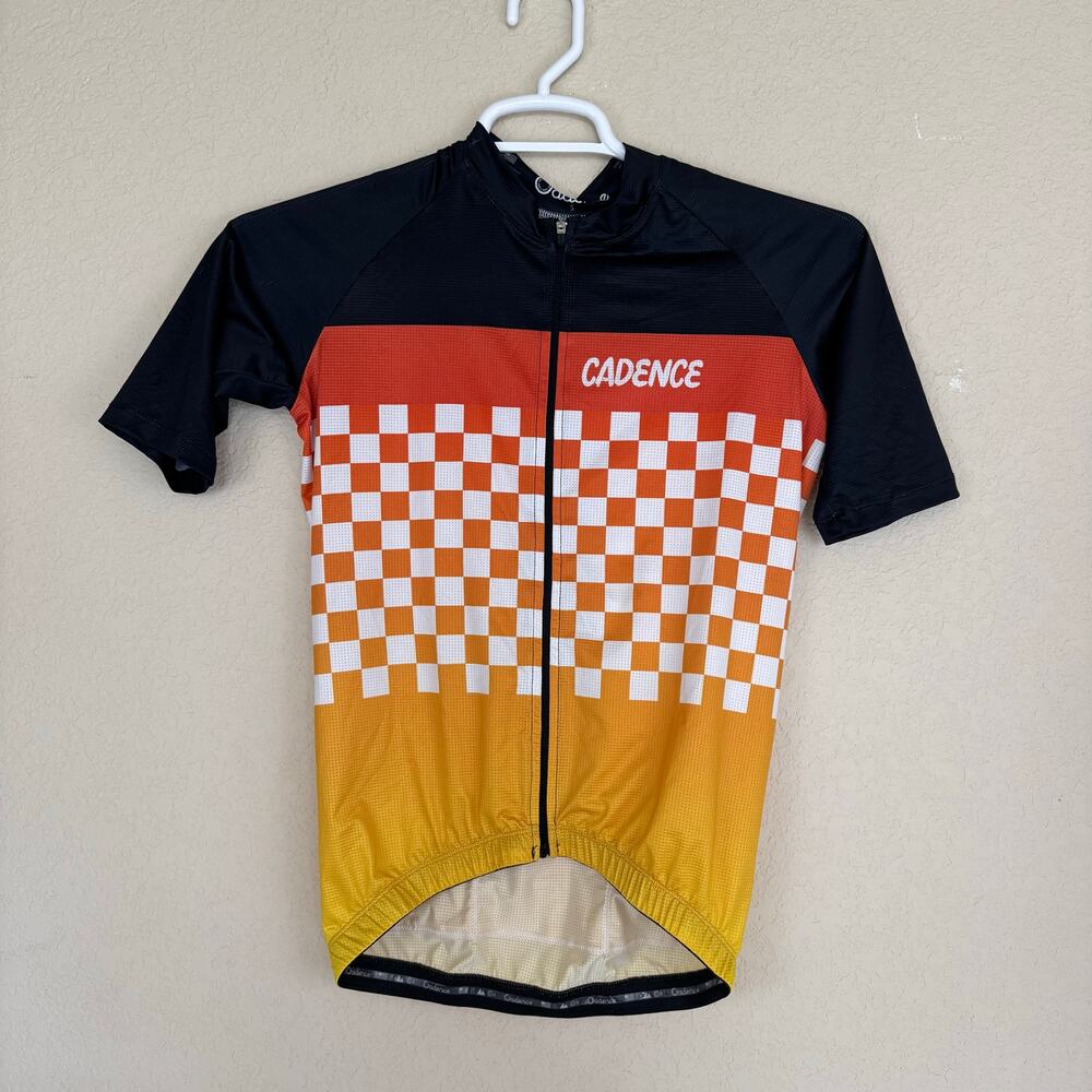 Cadence Cycling Shirt Mens Adult Small Orange Yellow Black Color Block Check